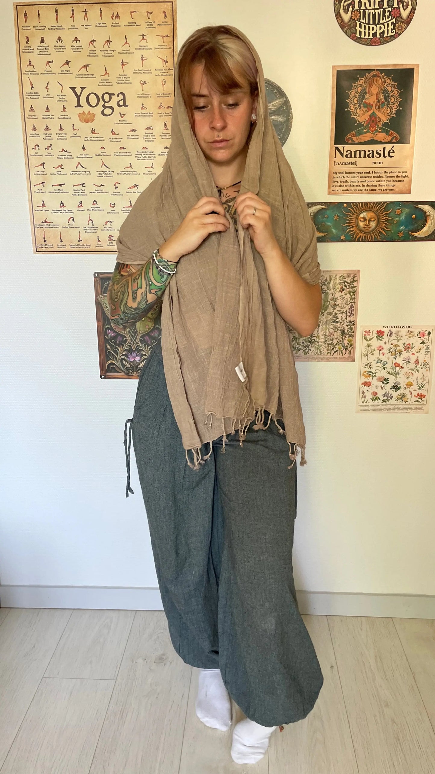 Foulard beige 100% coton avec franges Yogiâme