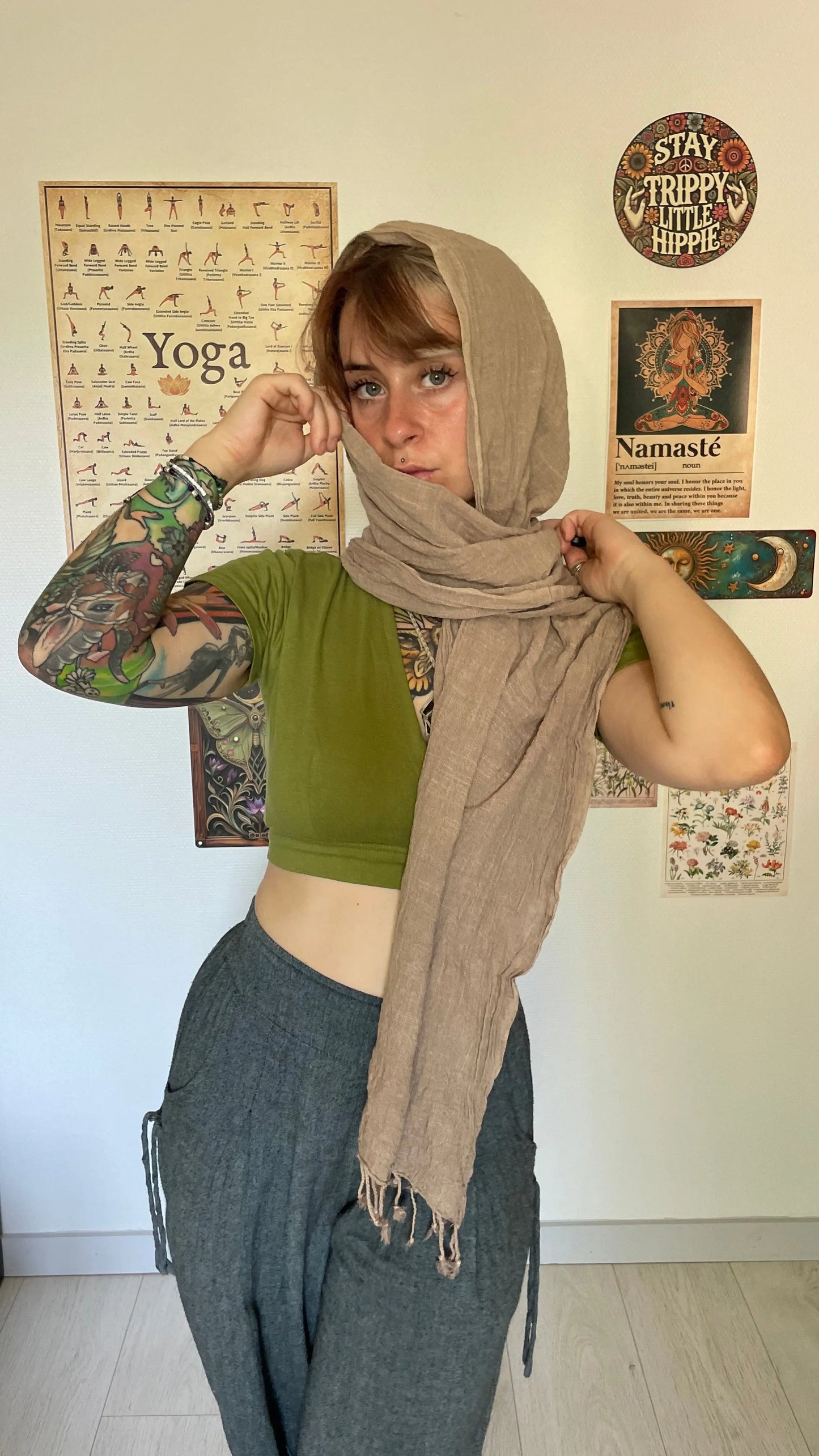Foulard beige 100% coton avec franges Yogiâme