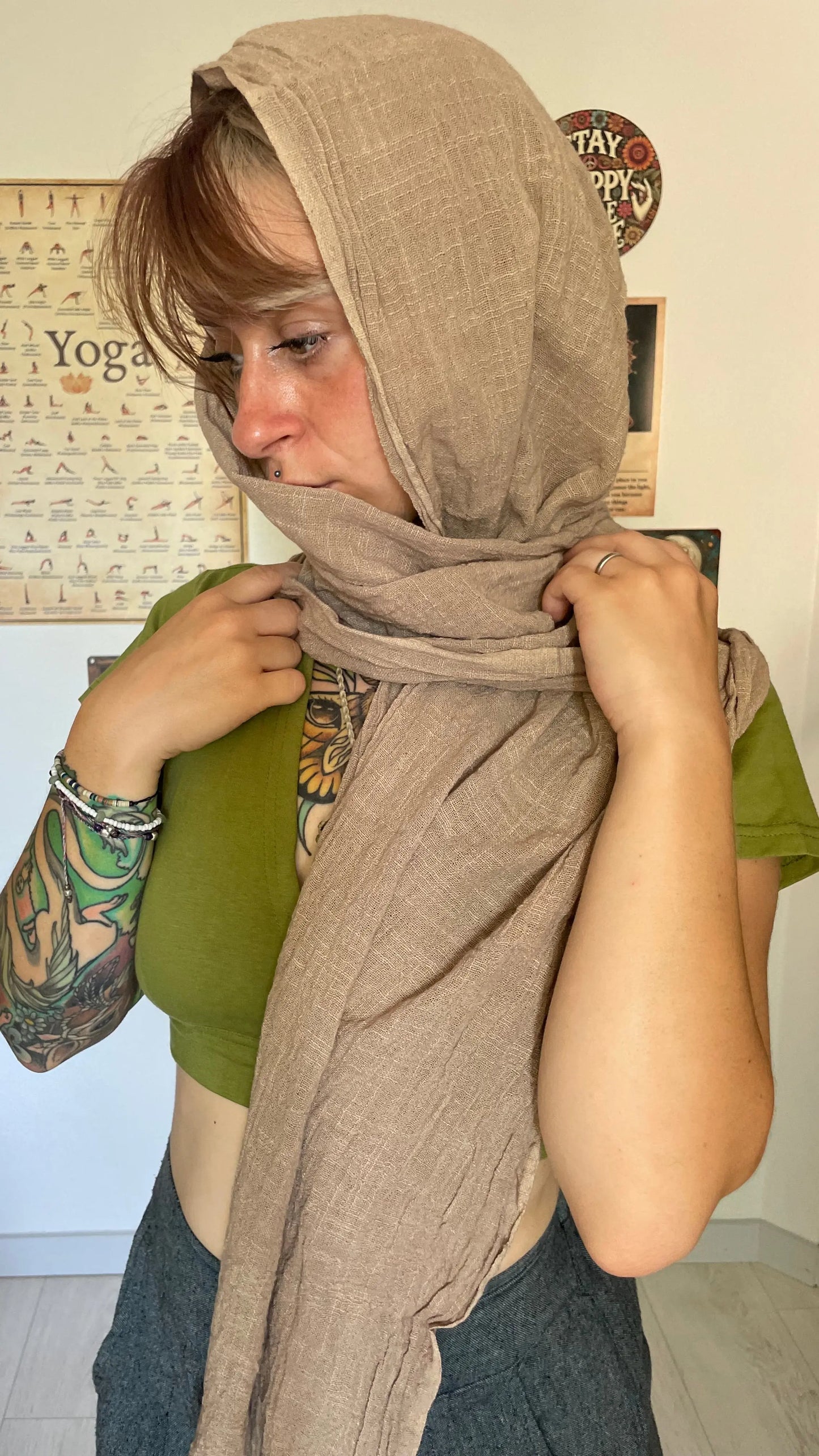Foulard beige 100% coton avec franges Yogiâme