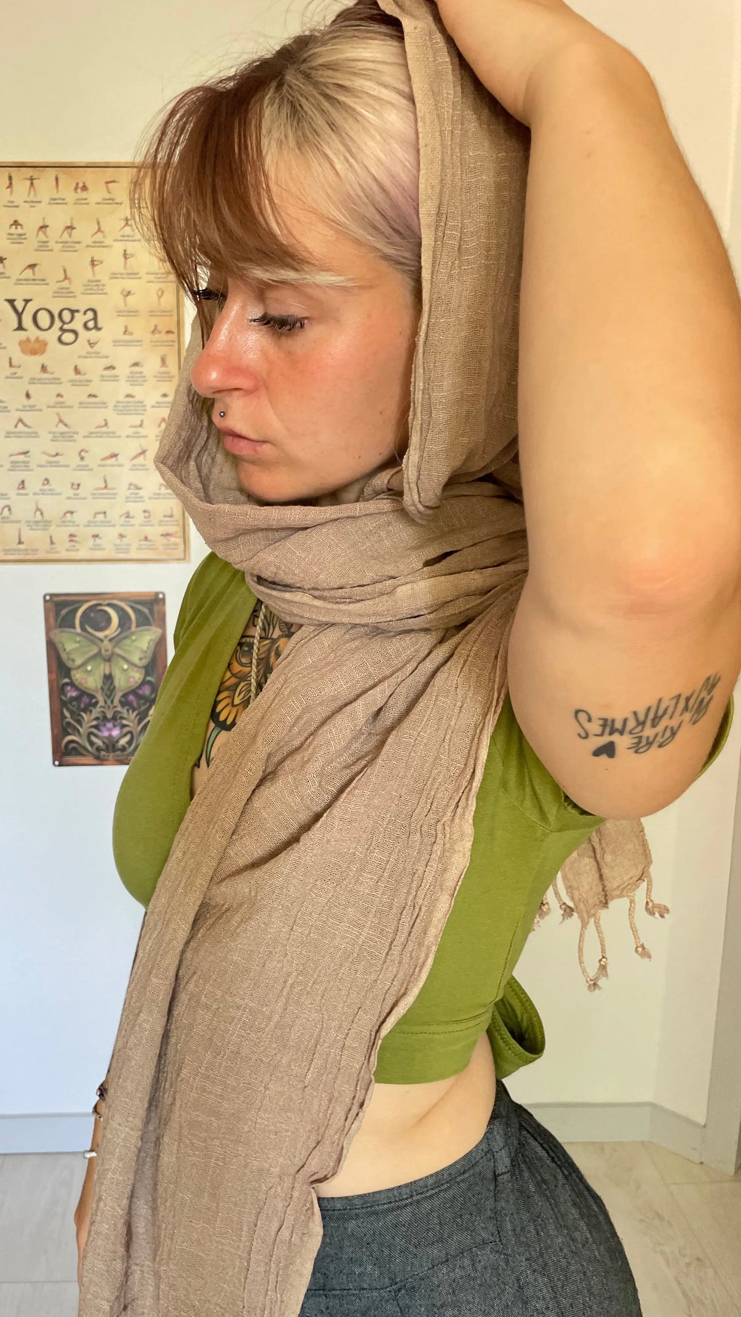 Foulard beige 100% coton avec franges Yogiâme