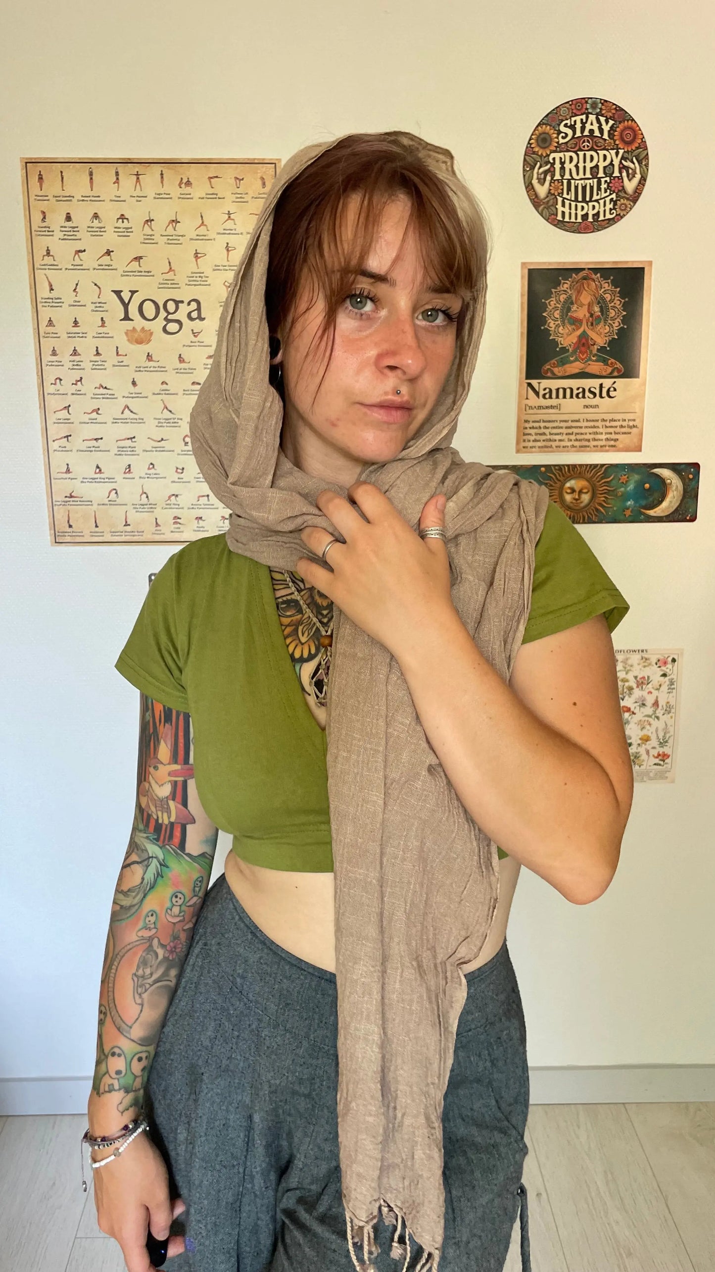 Foulard beige 100% coton avec franges Yogiâme